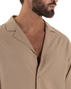 Camicia uomo oversize lino collo bowling relaxed fit scollo v camel BERNA M-261223