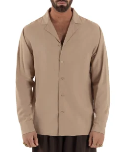 Camicia uomo oversize lino collo bowling relaxed fit scollo v camel BERNA M-261223