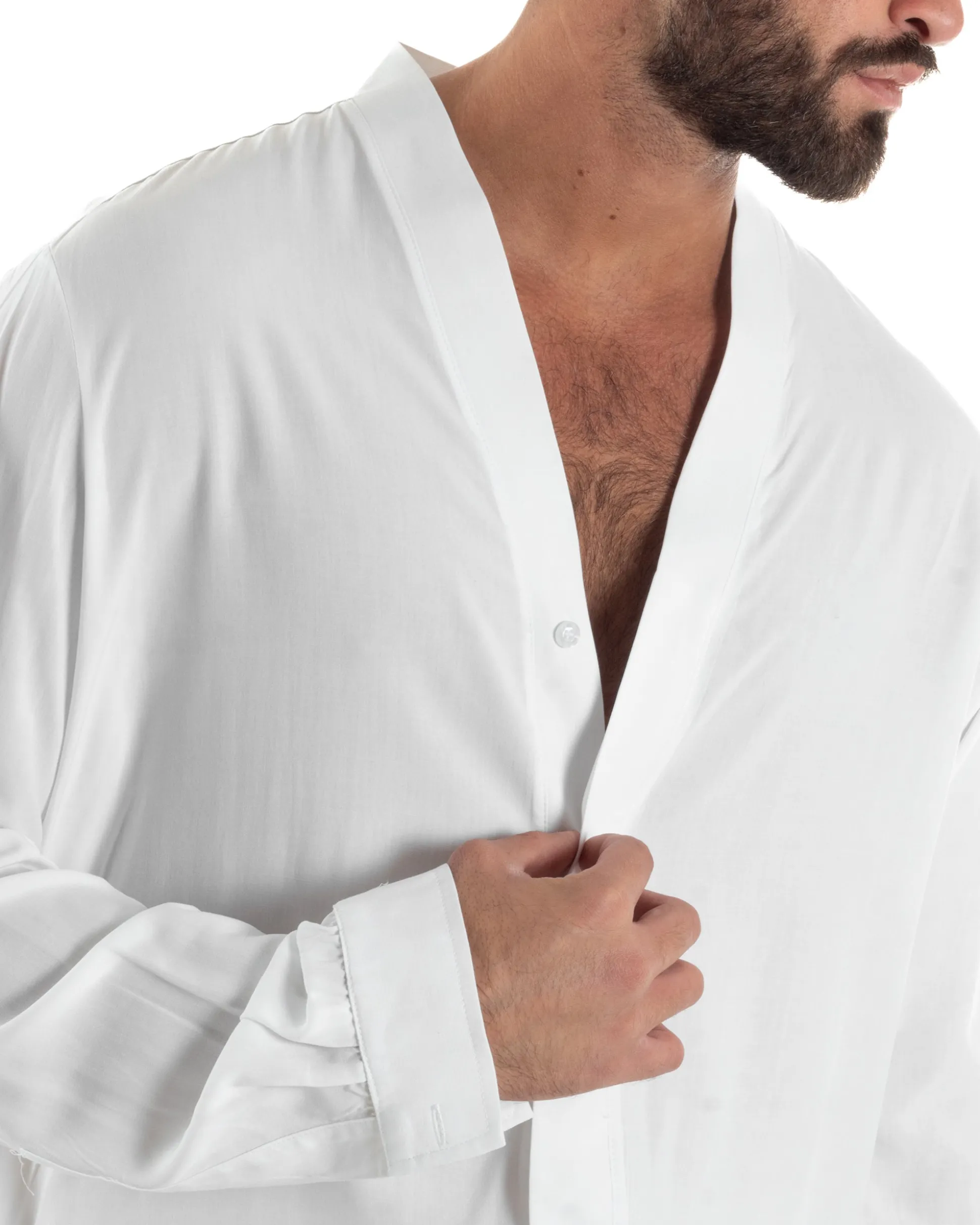 Camicia uomo relaxed scollo v maniche lunghe viscosa leggera bianco GIOSAL-C3089A