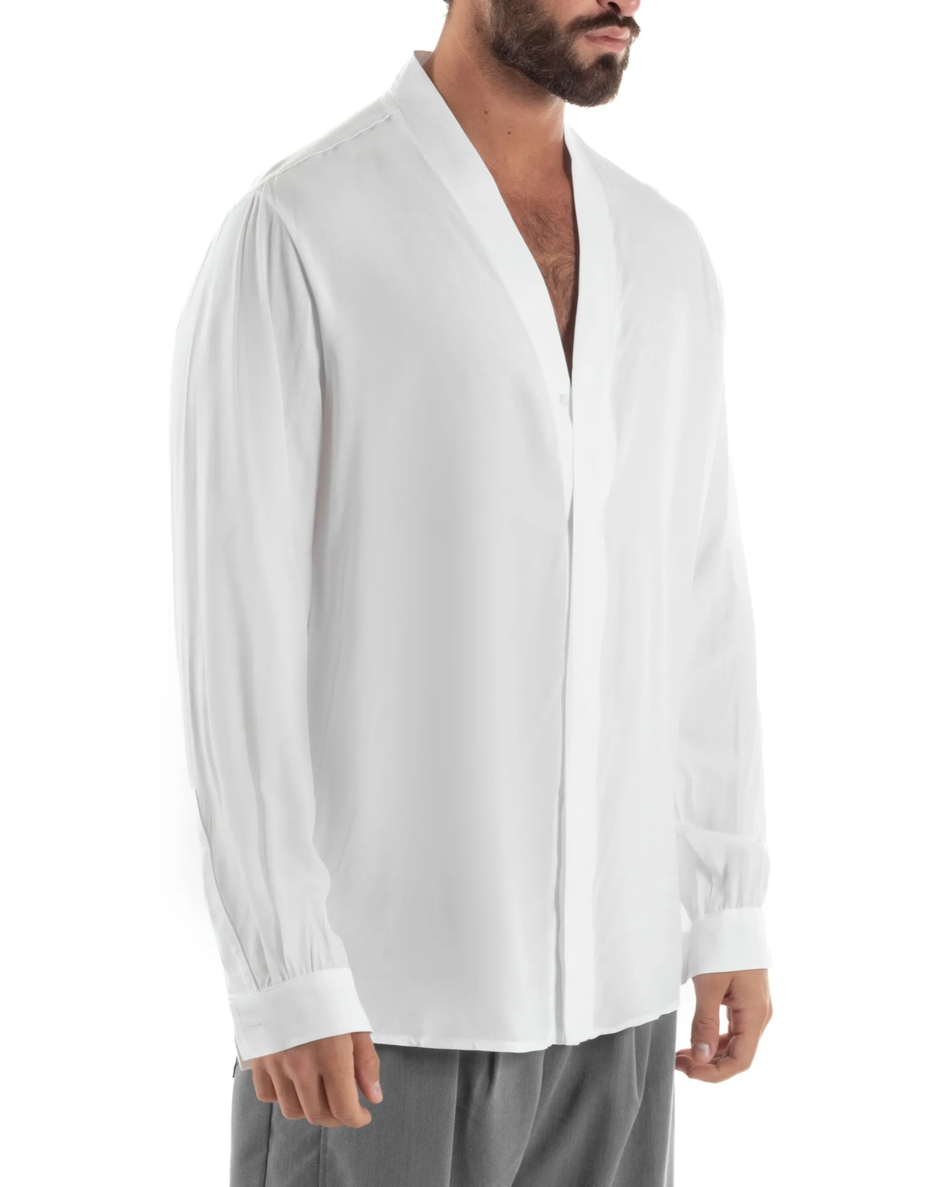 Camicia uomo relaxed scollo v maniche lunghe viscosa leggera bianco GIOSAL-C3089A