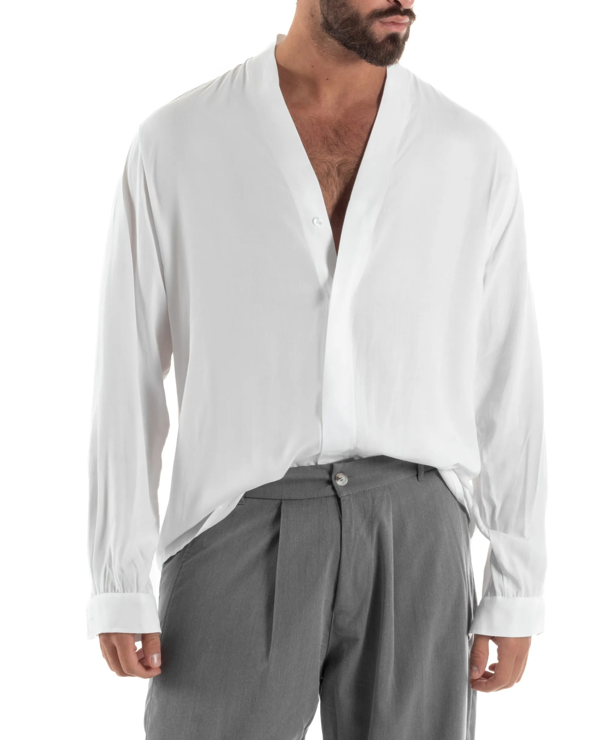 Camicia uomo relaxed scollo v maniche lunghe viscosa leggera bianco GIOSAL-C3089A