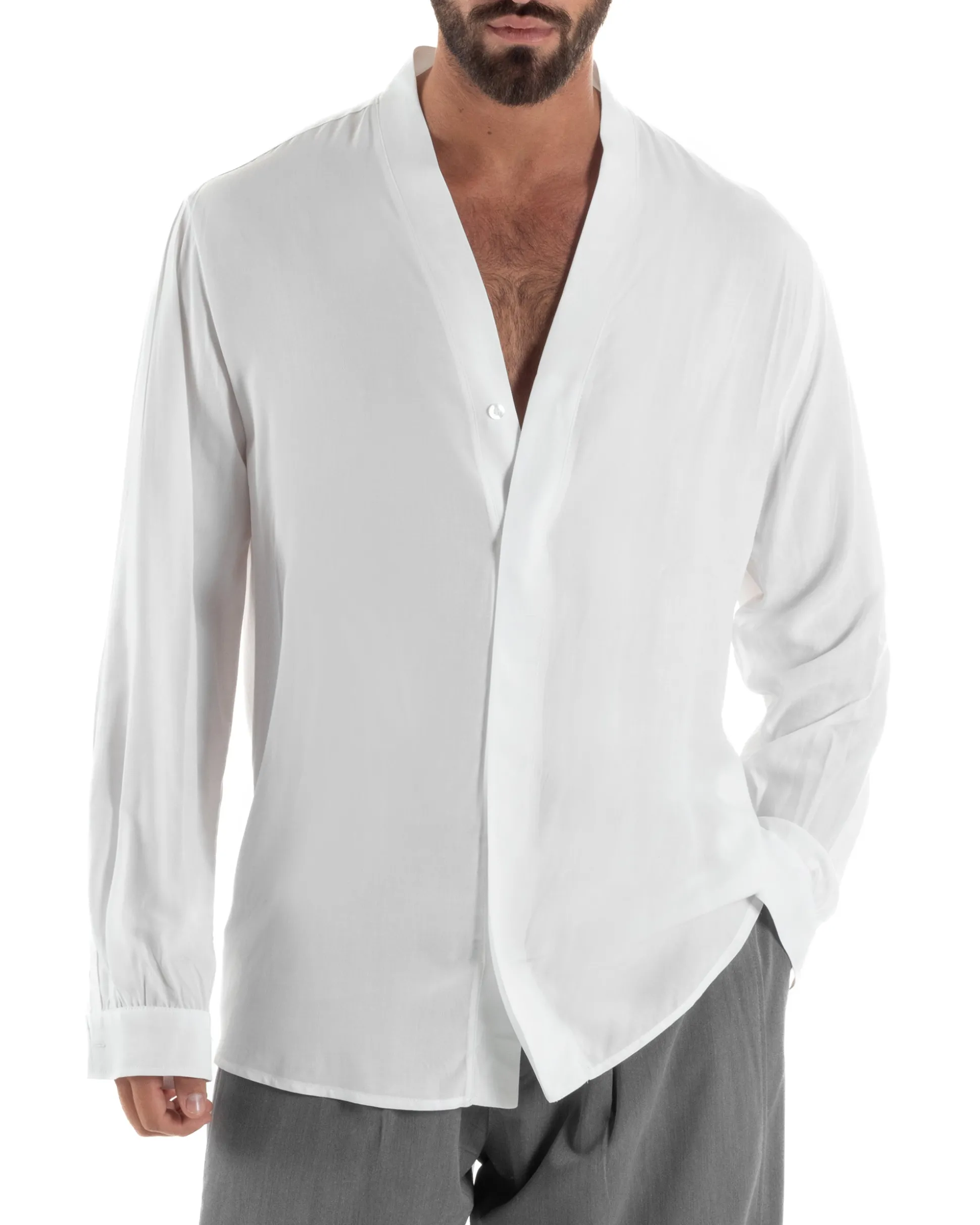 Camicia uomo relaxed scollo v maniche lunghe viscosa leggera bianco GIOSAL-C3089A