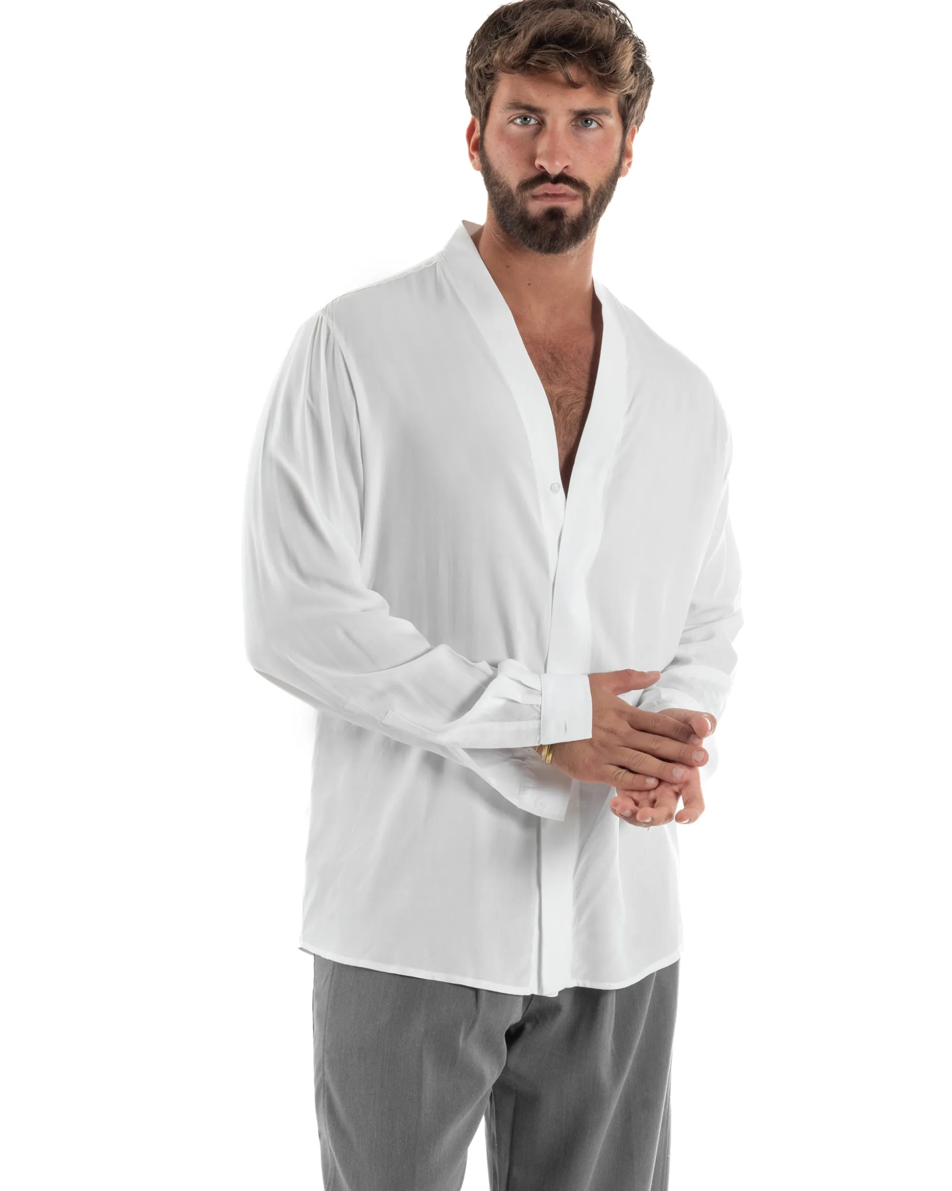 Camicia uomo relaxed scollo v maniche lunghe viscosa leggera bianco GIOSAL-C3089A