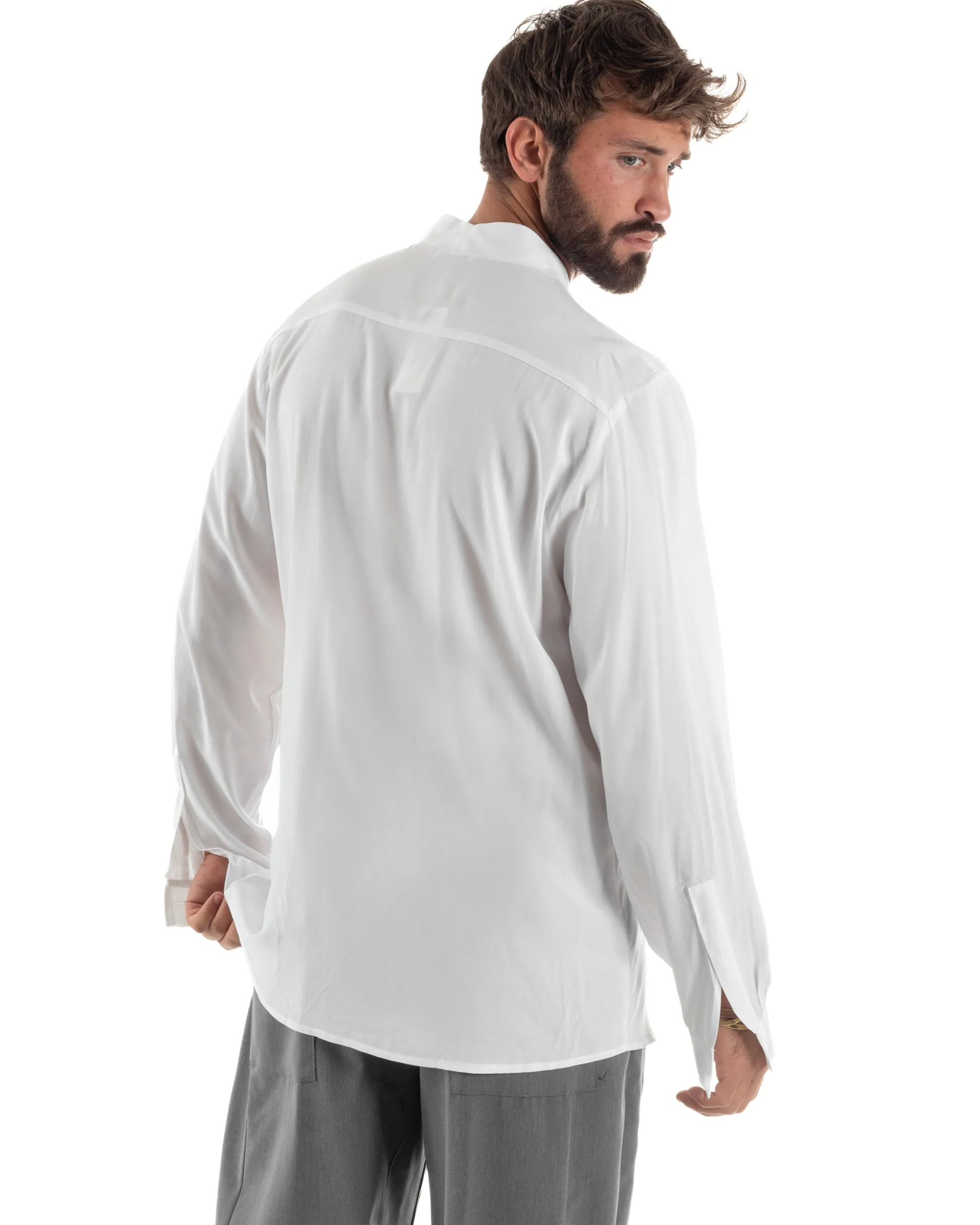 Camicia uomo relaxed scollo v maniche lunghe viscosa leggera bianco GIOSAL-C3089A