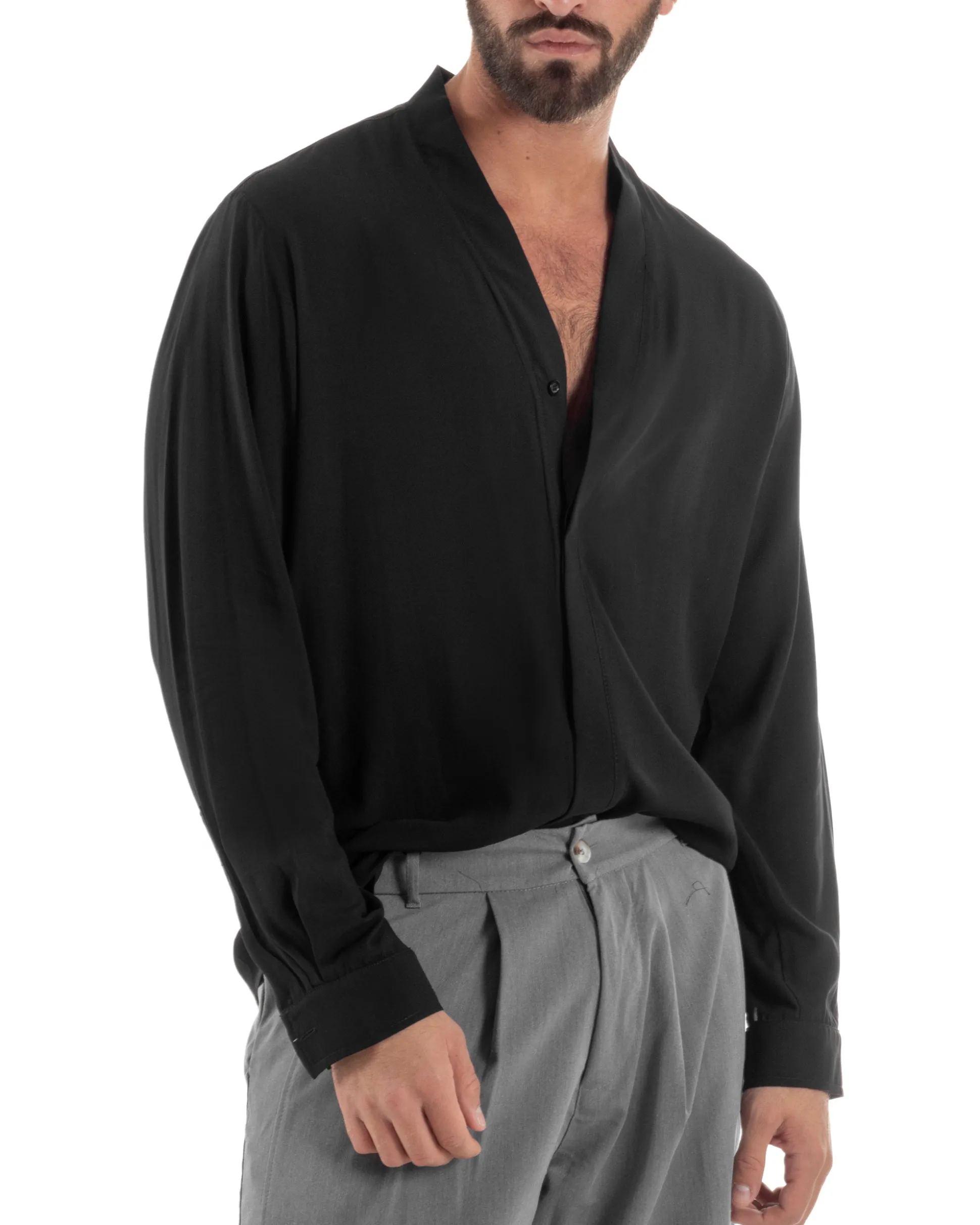 Camicia uomo relaxed scollo v maniche lunghe viscosa leggera nero GIOSAL-C3088A