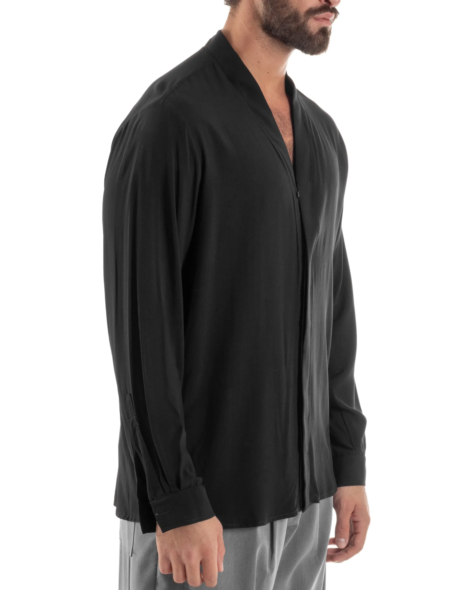 Camicia uomo relaxed scollo v maniche lunghe viscosa leggera nero GIOSAL-C3088A