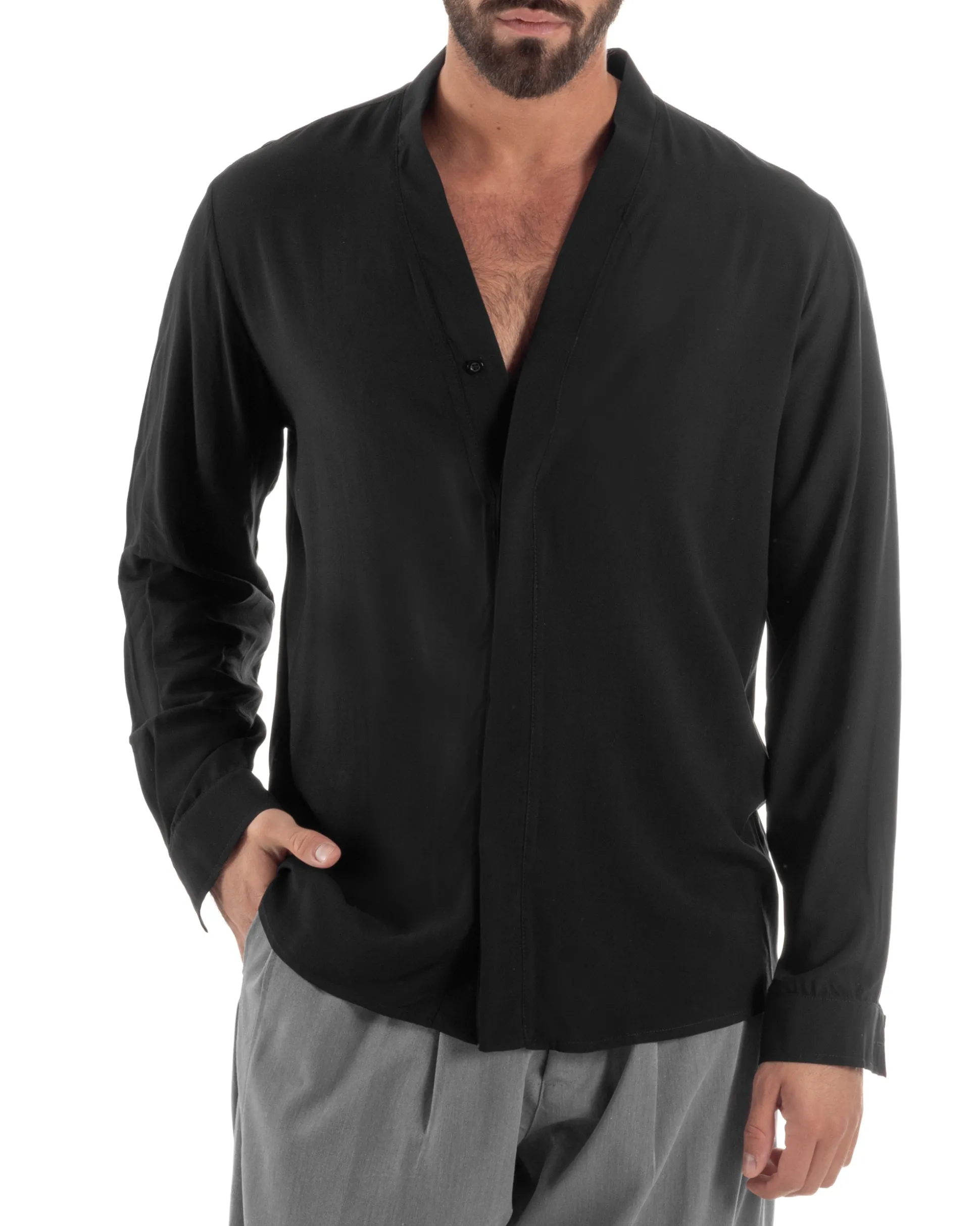 Camicia uomo relaxed scollo v maniche lunghe viscosa leggera nero GIOSAL-C3088A