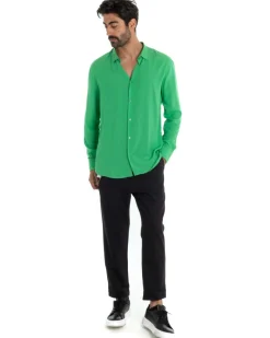 Camicia Uomo Sartoriale Con Colletto Maniche Lunghe Basic Viscosa Morbida Verde GIOSAL-C2365A