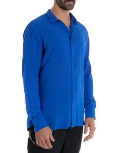 Camicia Uomo Sartoriale Con Colletto Maniche Lunghe Basic Viscosa Morbida Blu Royal GIOSAL-C2362A