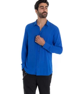 Camicia Uomo Sartoriale Con Colletto Maniche Lunghe Basic Viscosa Morbida Blu Royal GIOSAL-C2362A