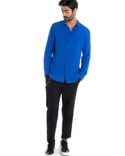 Camicia Uomo Sartoriale Con Colletto Maniche Lunghe Basic Viscosa Morbida Blu Royal GIOSAL-C2362A