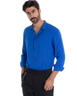 Camicia Uomo Sartoriale Con Colletto Maniche Lunghe Basic Viscosa Morbida Blu Royal GIOSAL-C2362A