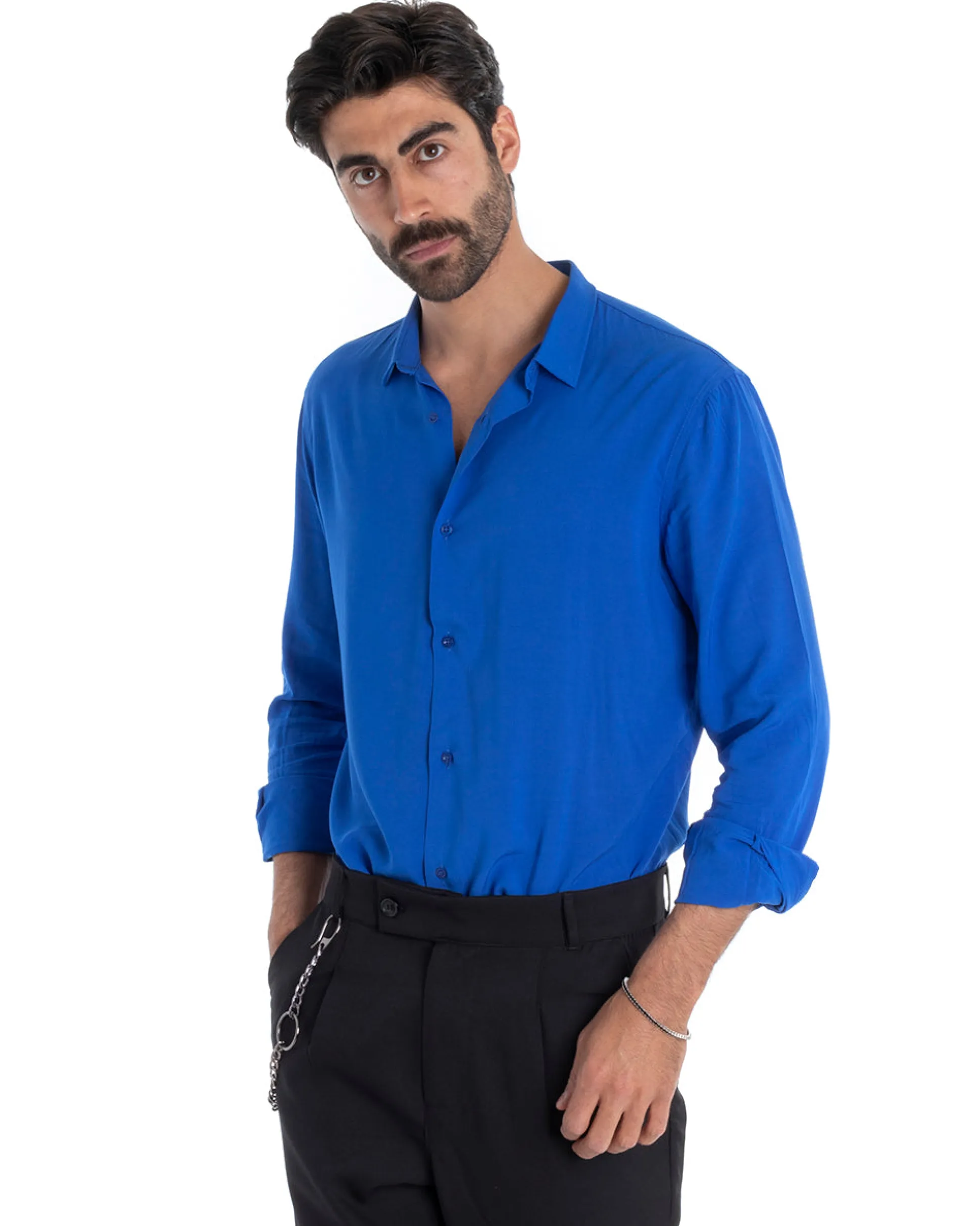 Camicia Uomo Sartoriale Con Colletto Maniche Lunghe Basic Viscosa Morbida Blu Royal GIOSAL-C2362A