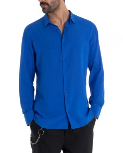 Camicia Uomo Sartoriale Con Colletto Maniche Lunghe Basic Viscosa Morbida Blu Royal GIOSAL-C2362A