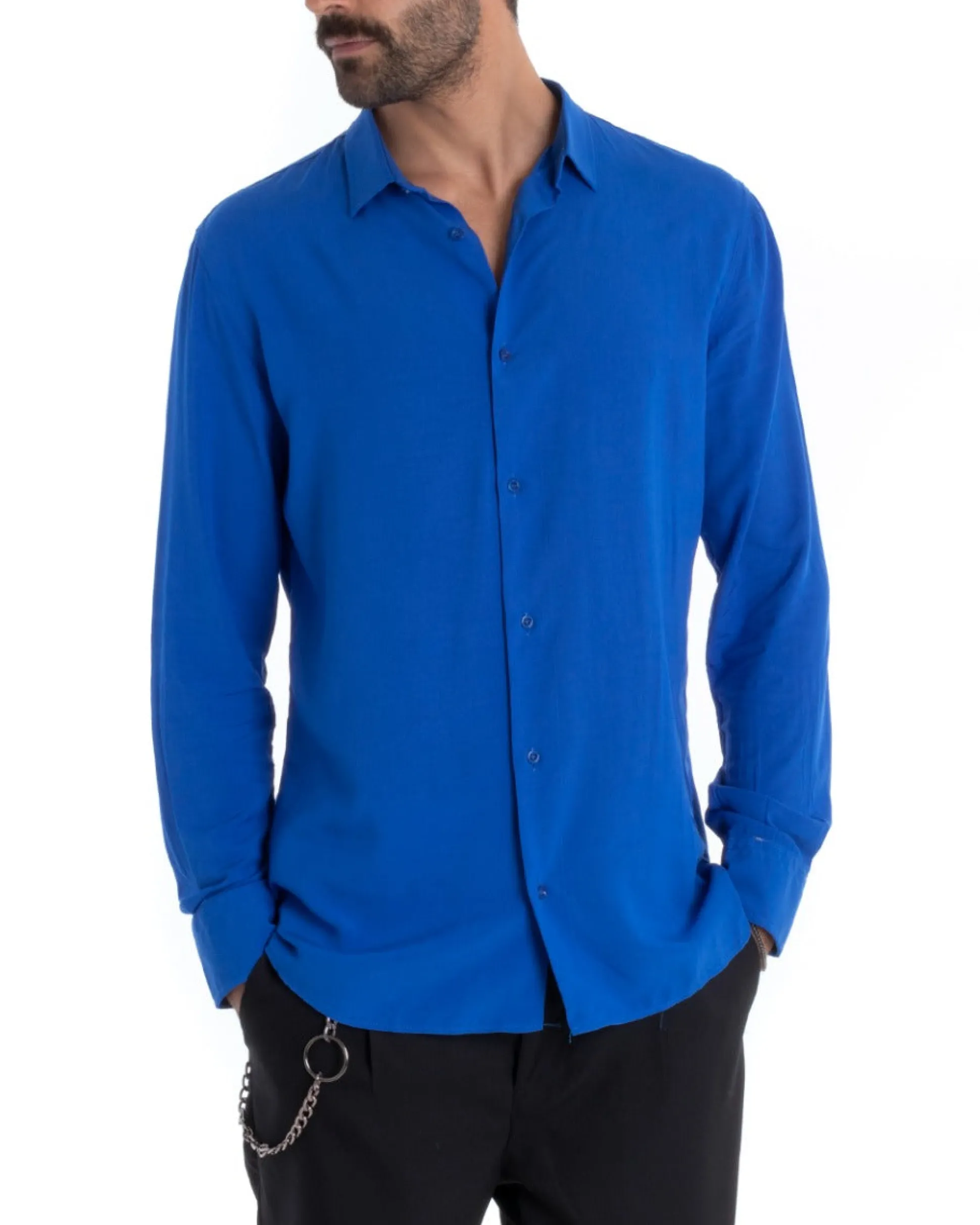 Camicia Uomo Sartoriale Con Colletto Maniche Lunghe Basic Viscosa Morbida Blu Royal GIOSAL-C2362A