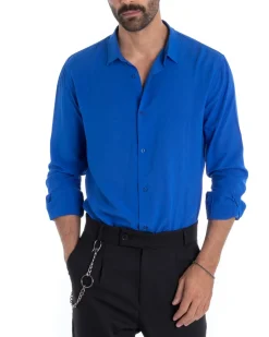 Camicia Uomo Sartoriale Con Colletto Maniche Lunghe Basic Viscosa Morbida Blu Royal GIOSAL-C2362A
