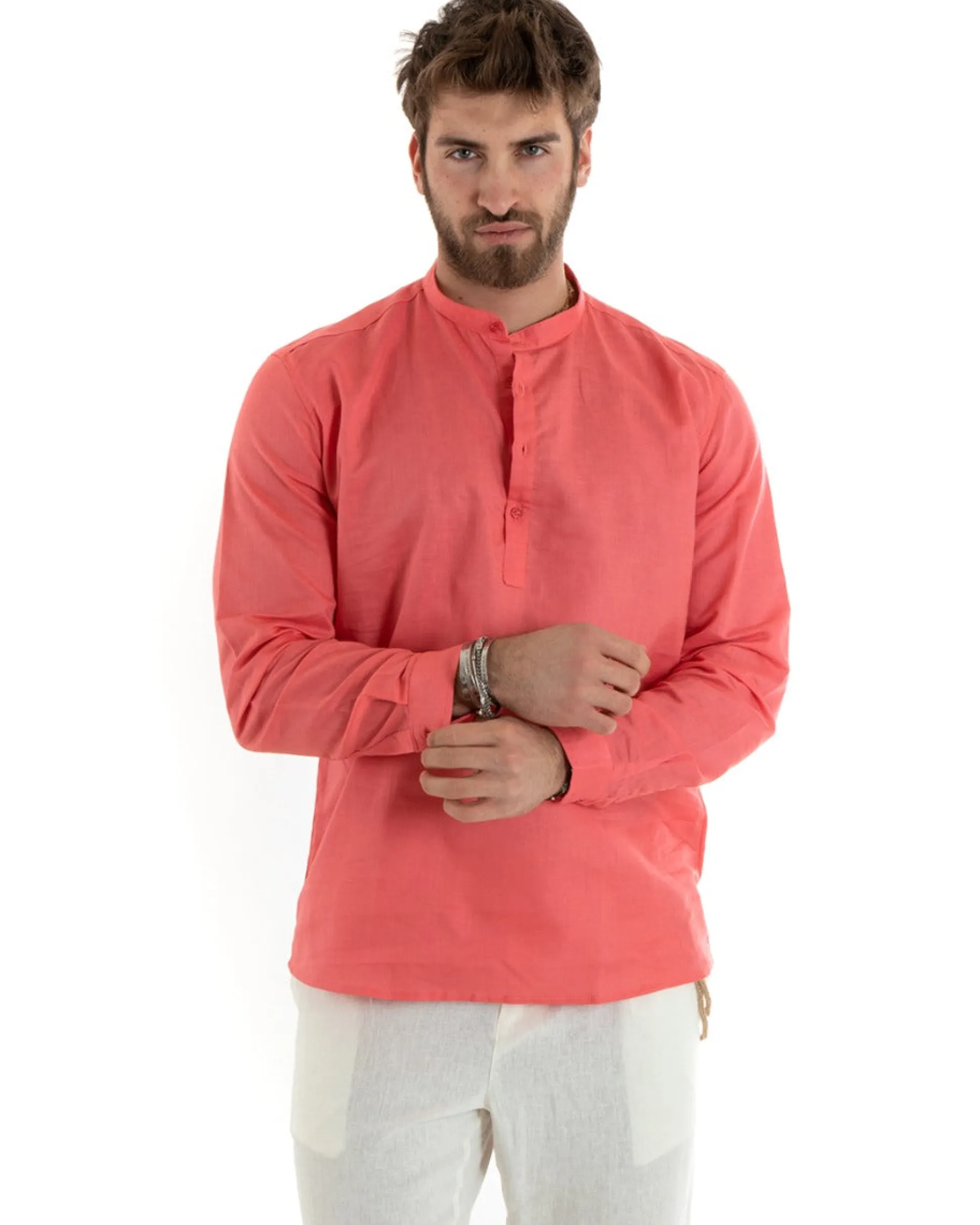 Camicia Uomo Serafino Casacca Manica Lunga Lino Tinta Unita Sartoriale Corallo GIOSAL-C2817A