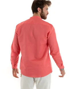 Camicia Uomo Serafino Casacca Manica Lunga Lino Tinta Unita Sartoriale Corallo GIOSAL-C2817A