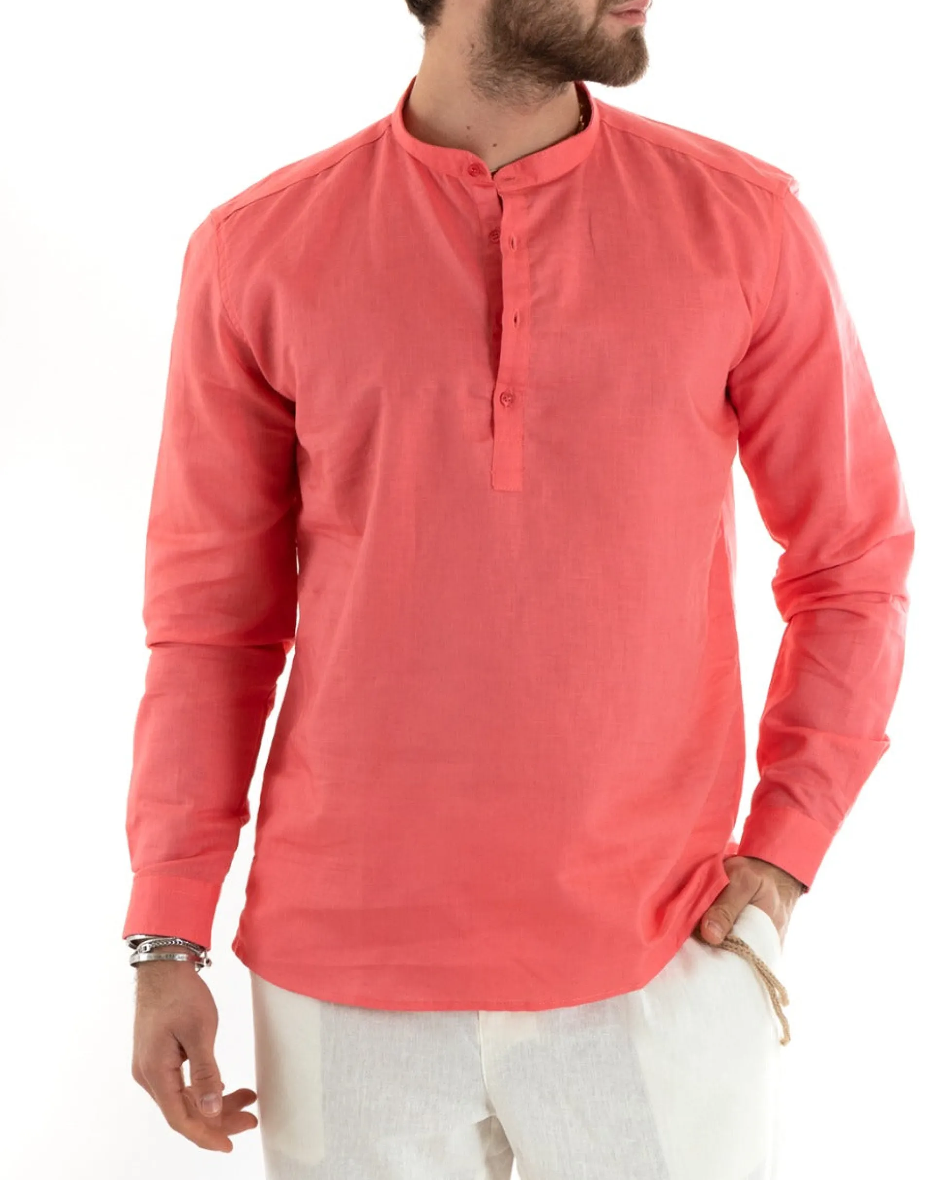 Camicia Uomo Serafino Casacca Manica Lunga Lino Tinta Unita Sartoriale Corallo GIOSAL-C2817A