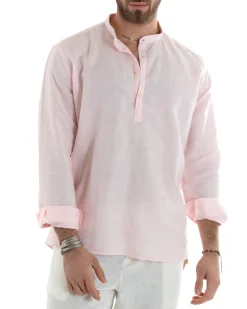 Camicia Uomo Serafino Casacca Manica Lunga Lino Tinta Unita Sartoriale Rosa GIOSAL-C2819A