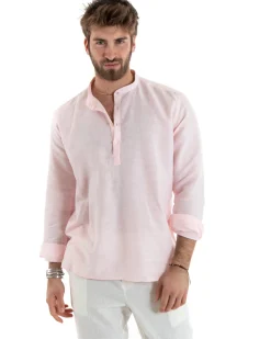 Camicia Uomo Serafino Casacca Manica Lunga Lino Tinta Unita Sartoriale Rosa GIOSAL-C2819A
