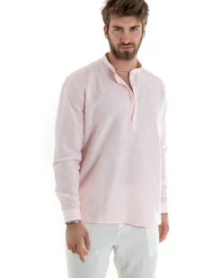 Camicia Uomo Serafino Casacca Manica Lunga Lino Tinta Unita Sartoriale Rosa GIOSAL-C2819A