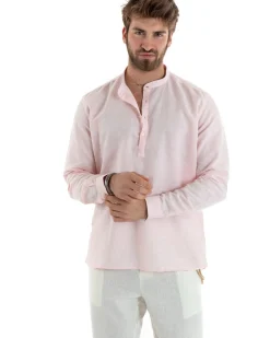 Camicia Uomo Serafino Casacca Manica Lunga Lino Tinta Unita Sartoriale Rosa GIOSAL-C2819A