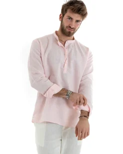Camicia Uomo Serafino Casacca Manica Lunga Lino Tinta Unita Sartoriale Rosa GIOSAL-C2819A