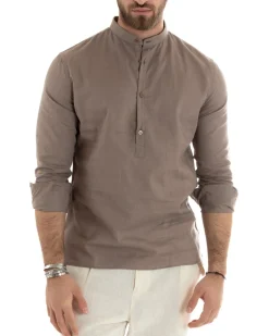 Camicia Uomo Serafino Casacca Maniche Lunghe Lino Tinta Unita Sartoriale Fango GIOSAL-C2807A