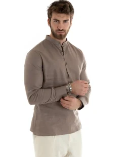 Camicia Uomo Serafino Casacca Maniche Lunghe Lino Tinta Unita Sartoriale Fango GIOSAL-C2807A