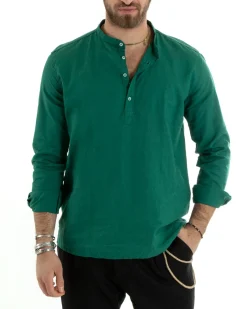Camicia Uomo Serafino Casacca Maniche Lunghe Lino Tinta Unita Sartoriale Verde GIOSAL-C2813A