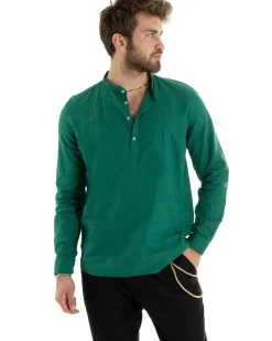 Camicia Uomo Serafino Casacca Maniche Lunghe Lino Tinta Unita Sartoriale Verde GIOSAL-C2813A