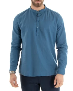 Camicia Uomo Serafino Casacca Maniche Lunghe Lino Tinta Unita Sartoriale Avio GIOSAL-C2809A