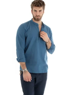 Camicia Uomo Serafino Casacca Maniche Lunghe Lino Tinta Unita Sartoriale Avio GIOSAL-C2809A