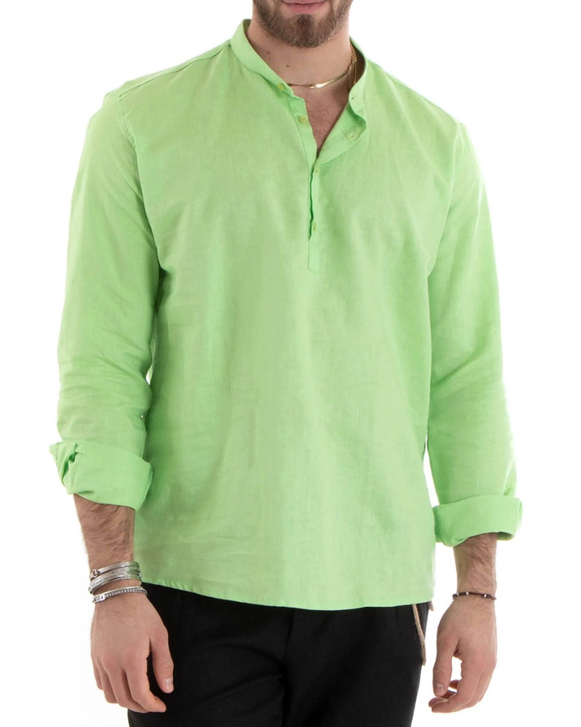 Camicia Uomo Serafino Casacca Maniche Lunghe Lino Tinta Unita Sartoriale Verde Acido GIOSAL-C2812A
