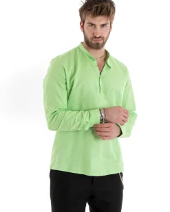 Camicia Uomo Serafino Casacca Maniche Lunghe Lino Tinta Unita Sartoriale Verde Acido GIOSAL-C2812A