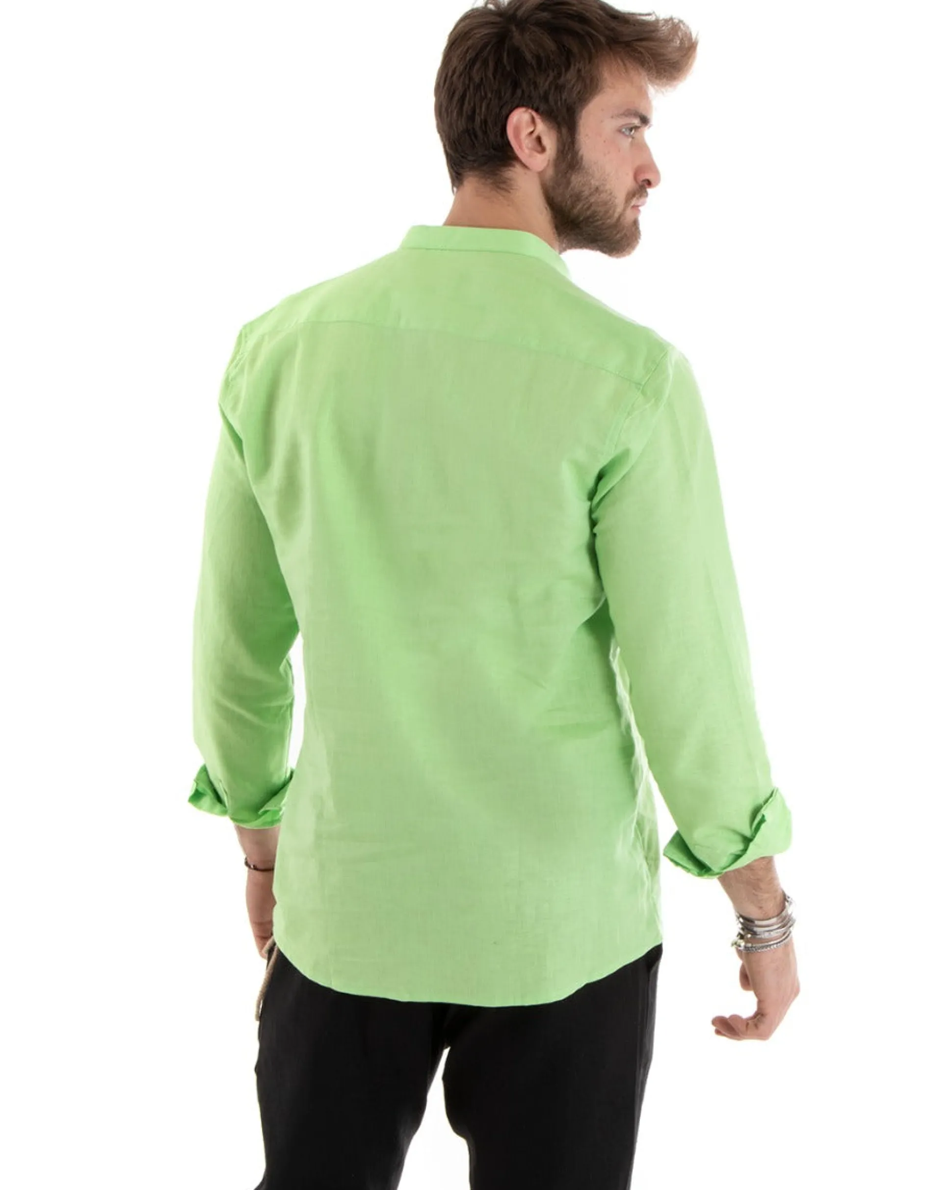 Camicia Uomo Serafino Casacca Maniche Lunghe Lino Tinta Unita Sartoriale Verde Acido GIOSAL-C2812A