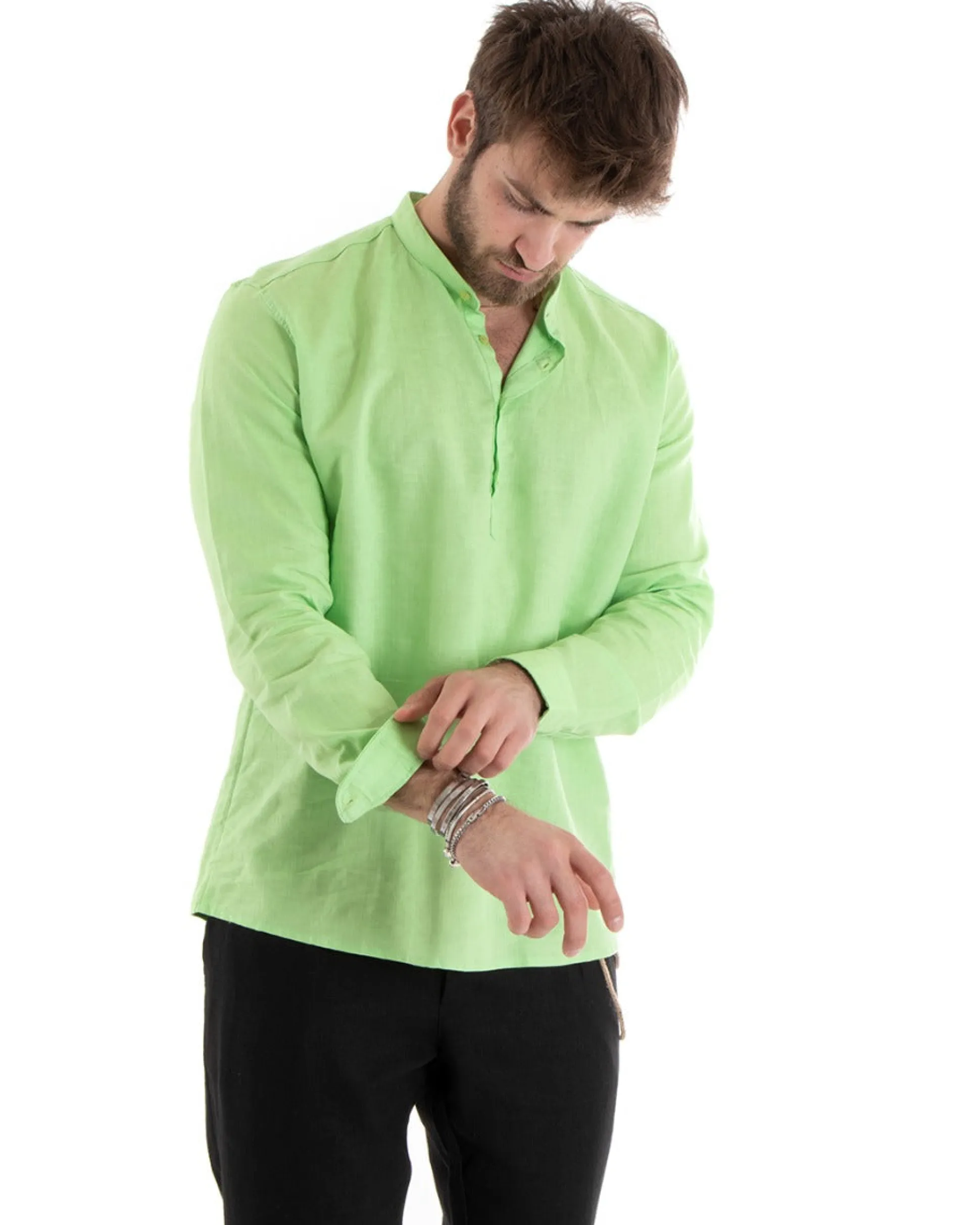 Camicia Uomo Serafino Casacca Maniche Lunghe Lino Tinta Unita Sartoriale Verde Acido GIOSAL-C2812A
