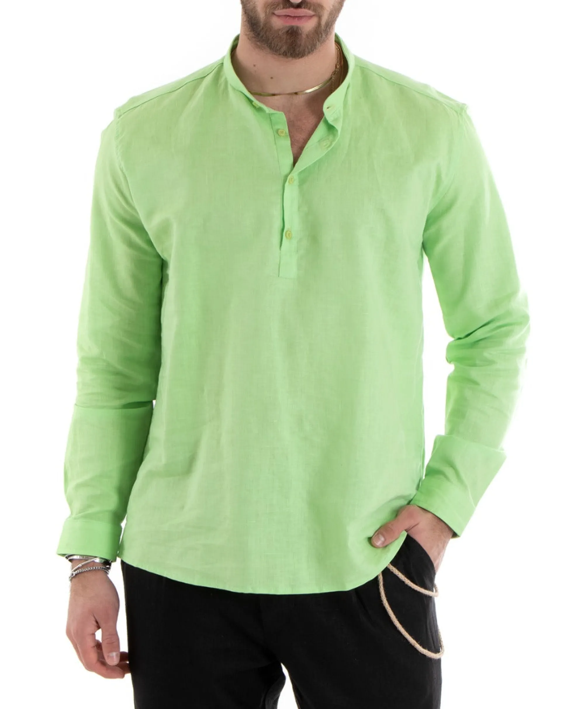 Camicia Uomo Serafino Casacca Maniche Lunghe Lino Tinta Unita Sartoriale Verde Acido GIOSAL-C2812A
