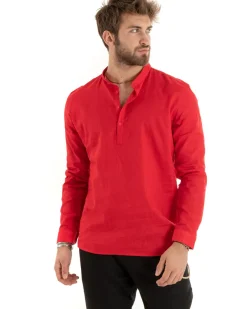 Camicia Uomo Serafino Casacca Maniche Lunghe Lino Tinta Unita Sartoriale Rosso GIOSAL-C2814A