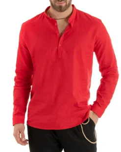 Camicia Uomo Serafino Casacca Maniche Lunghe Lino Tinta Unita Sartoriale Rosso GIOSAL-C2814A