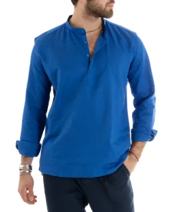 Camicia Uomo Serafino Casacca Maniche Lunghe Lino Tinta Unita Sartoriale Blu Royal GIOSAL-C2810A