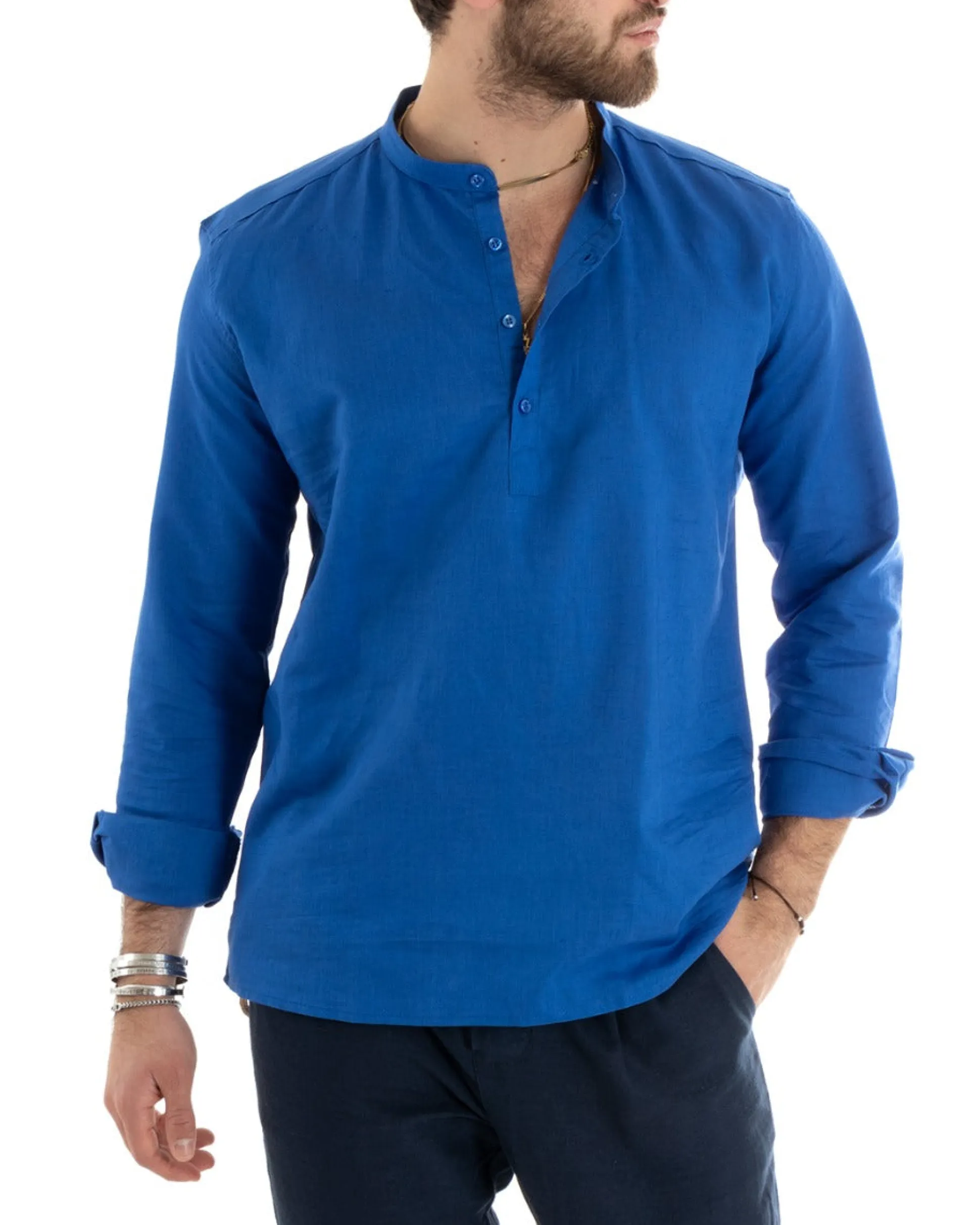 Camicia Uomo Serafino Casacca Maniche Lunghe Lino Tinta Unita Sartoriale Blu Royal GIOSAL-C2810A