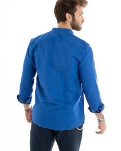 Camicia Uomo Serafino Casacca Maniche Lunghe Lino Tinta Unita Sartoriale Blu Royal GIOSAL-C2810A