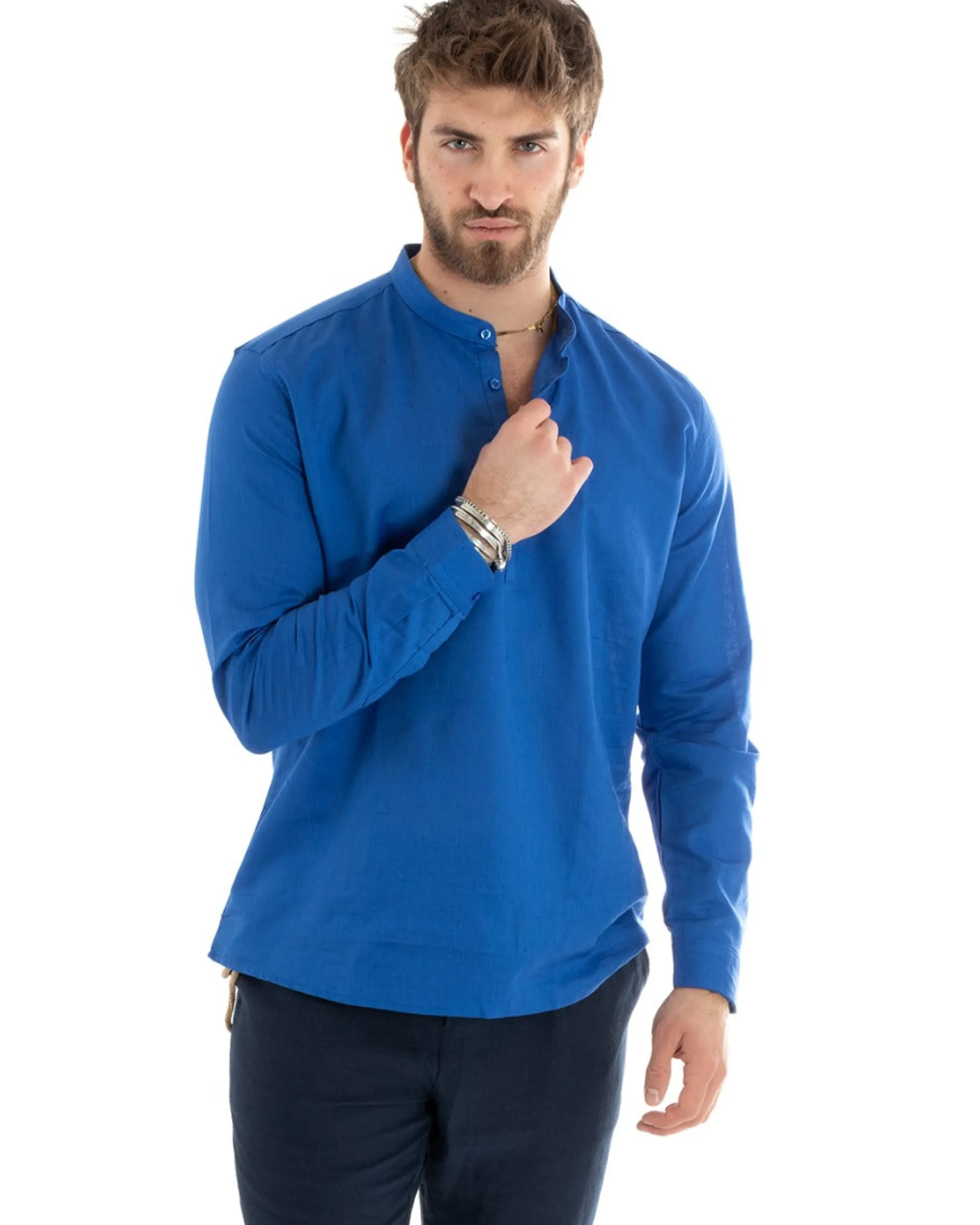 Camicia Uomo Serafino Casacca Maniche Lunghe Lino Tinta Unita Sartoriale Blu Royal GIOSAL-C2810A