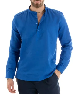 Camicia Uomo Serafino Casacca Maniche Lunghe Lino Tinta Unita Sartoriale Blu Royal GIOSAL-C2810A