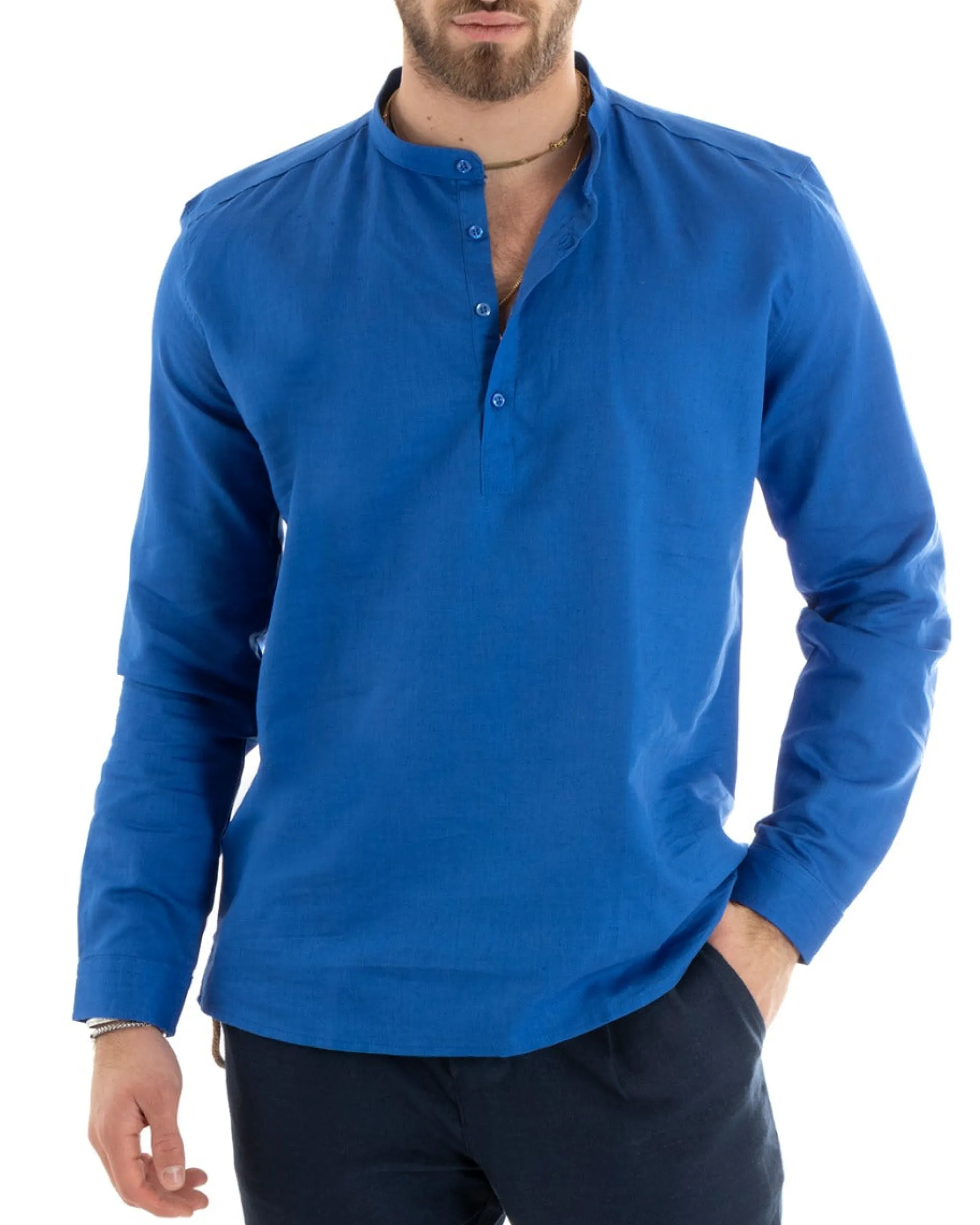 Camicia Uomo Serafino Casacca Maniche Lunghe Lino Tinta Unita Sartoriale Blu Royal GIOSAL-C2810A