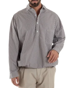 Camicia uomo serafino colletto crop rigata boxy fit tasca marrone GIOSAL-C3084A