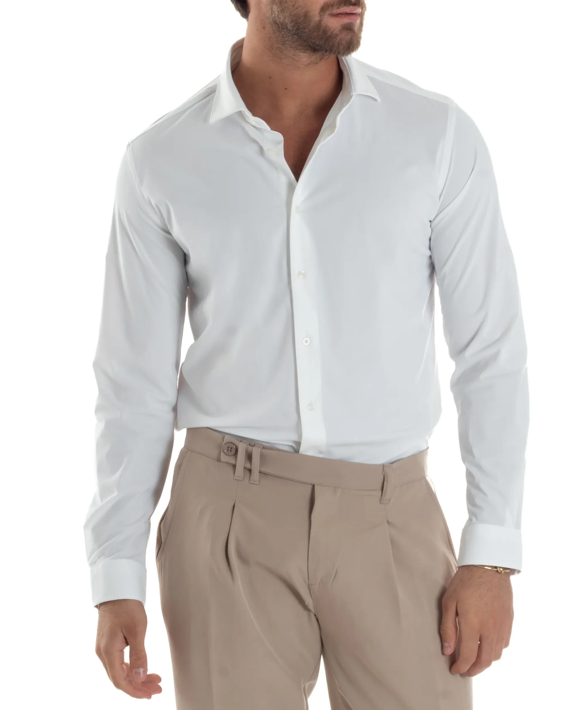Camicia uomo tessuto no stiro basic colletto semi francese slim fit morbida bianco GIOSAL-C2962A