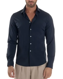 Camicia Uomo Tessuto No Stiro Basic Colletto Semi-Francese Slim Fit Morbida Blu C2963A